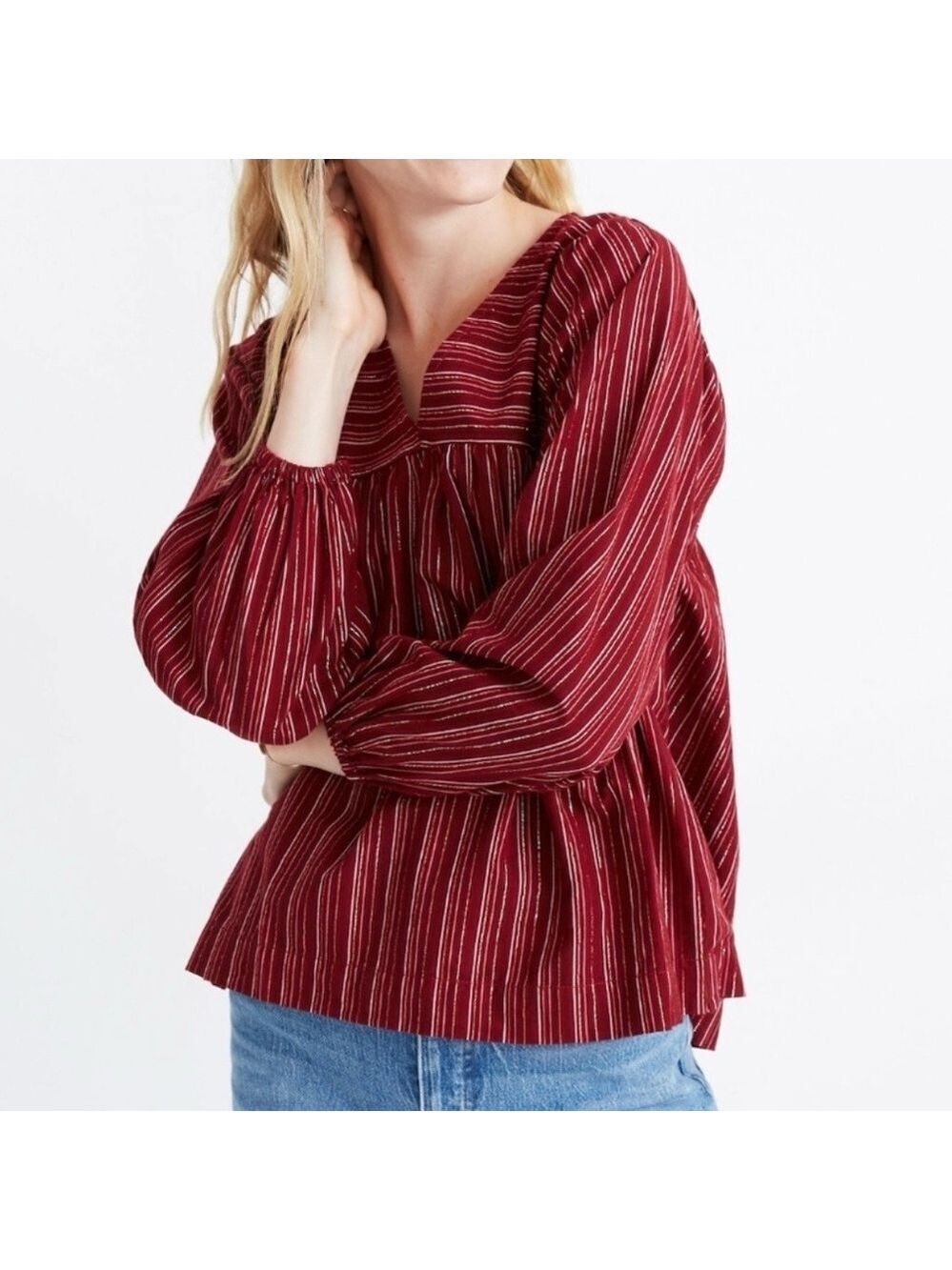 Madewell Swingy Peasant Top in Metallic Stripe Size Small Maroon